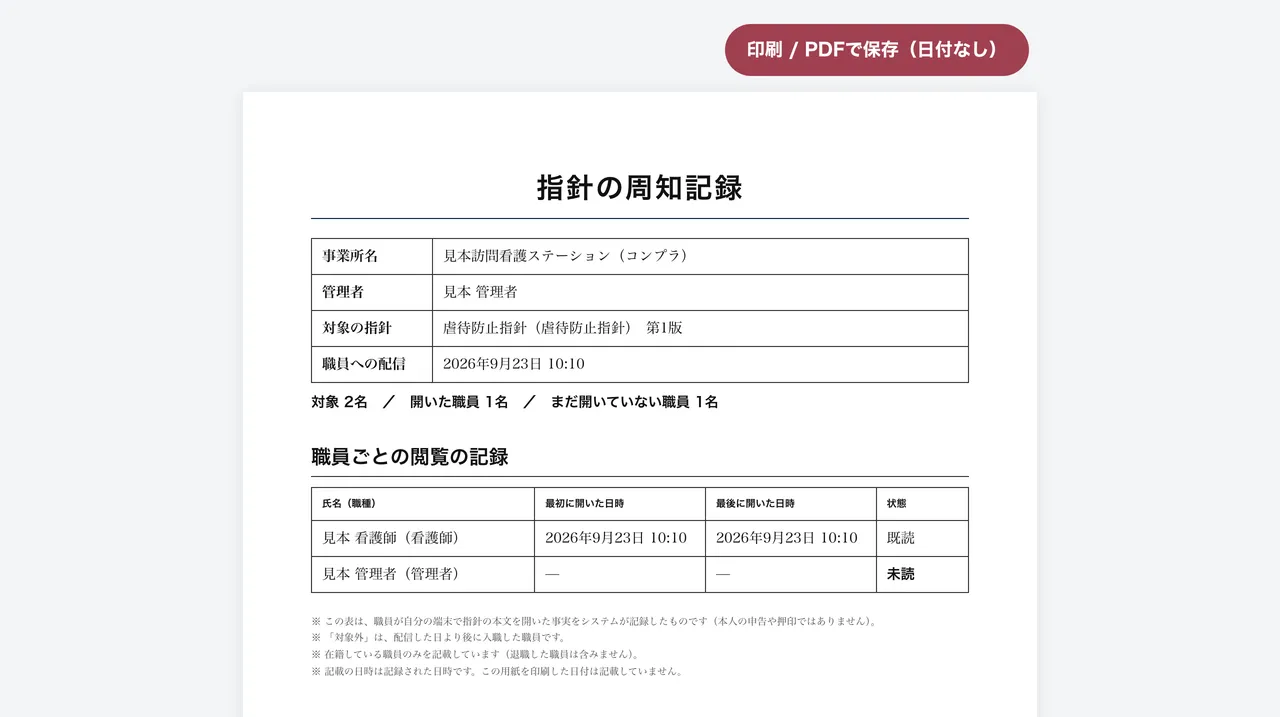 パソコンの印刷画面。A4の「指針の周知記録」。事業所名・配信日時と、職員ごとの最初に開いた日時・最後に開いた日時・既読／未読が並んでいる