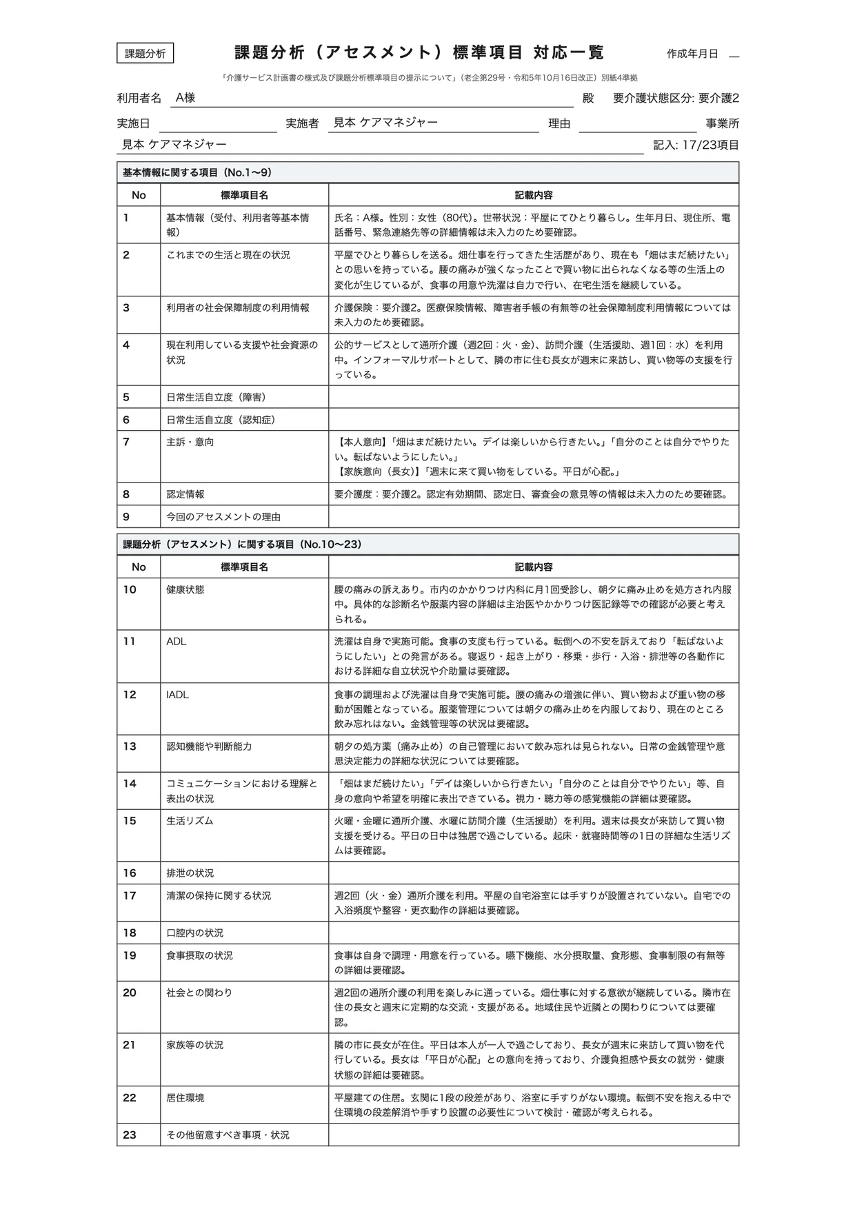 アセスメント（課題分析標準項目）のA4印刷イメージ。架空の入力で、利用者は呼び名（A様）のみ