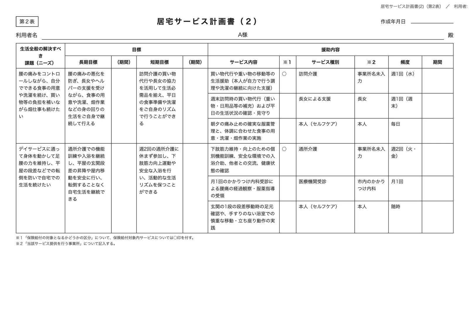 第2表 居宅サービス計画書（2）のA4印刷イメージ。架空の入力で、利用者は呼び名（A様）のみ